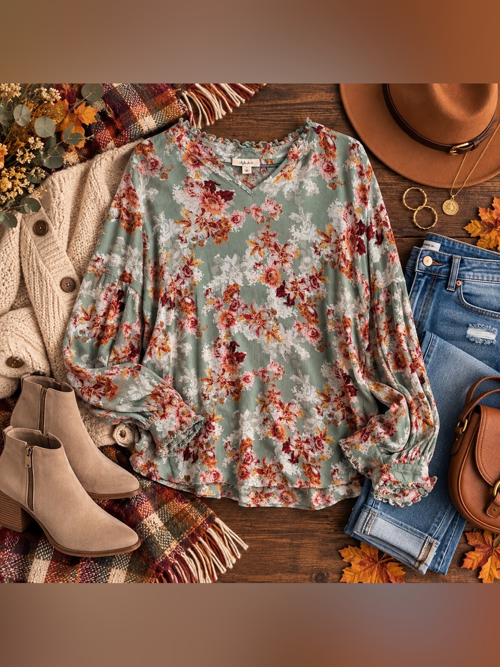 Style & Co. Sage Green Floral V-Neck Long Sleeve Blouse